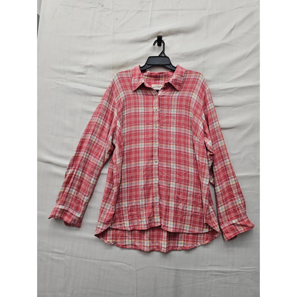 Universal Thread Womens Relaxed Plaid Button Down Pink Rayon Blend Size 2XL